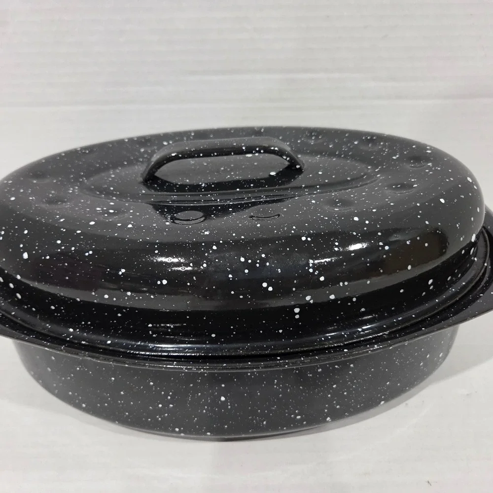 Vintage Black Granite Enamelware Oval Roasting Pan with Lid 12.5x8 Speckled